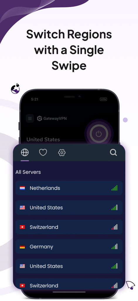 GatewayVPN - GatewayVPNアプリのインターフェース。オランダや米国を含むグローバルサーバーの場所のリストが表示されています。