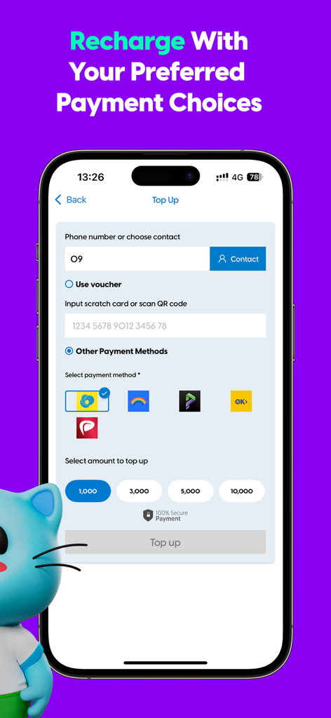 Pantalla de recarga de ATOM Store Myanmar que muestra el monto de recarga del teléfono y las opciones de pago