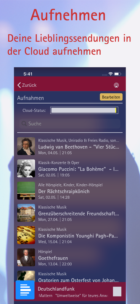 phonostar Radio - Radioplayer - Bildschirm der phonostar Radio App, der eine Liste gespeicherter Cloud-Aufnahmen mit klassischer Musik und Hörspielen zeigt