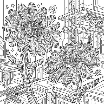 Explore a stunning fusion of organic beauty and futuristic grit with this Cyberpunk Daisies coloring page. Immerse yourself in a world where vibrant flowers are reimagined as intricate cybernetic wonders, ready for your artistic touch.