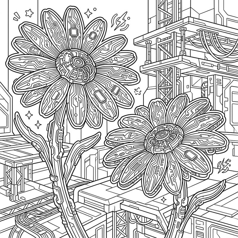 Explore a stunning fusion of organic beauty and futuristic grit with this Cyberpunk Daisies coloring page. Immerse yourself in a world where vibrant flowers are reimagined as intricate cybernetic wonders, ready for your artistic touch.