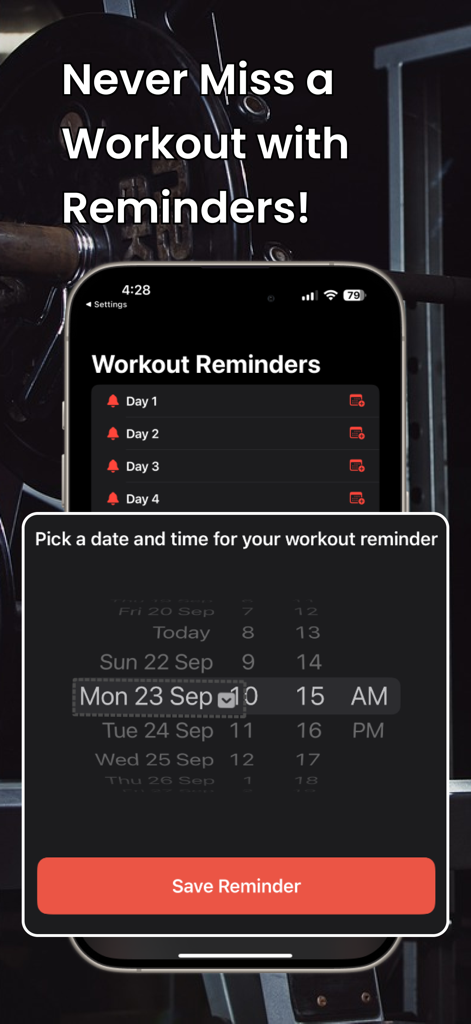 Woman Exercise 30 Days Workout - Pantalla de smartphone mostrando la función de recordatorios de entrenamiento de la aplicación Ejercicio Mujer con selector de fecha y hora.