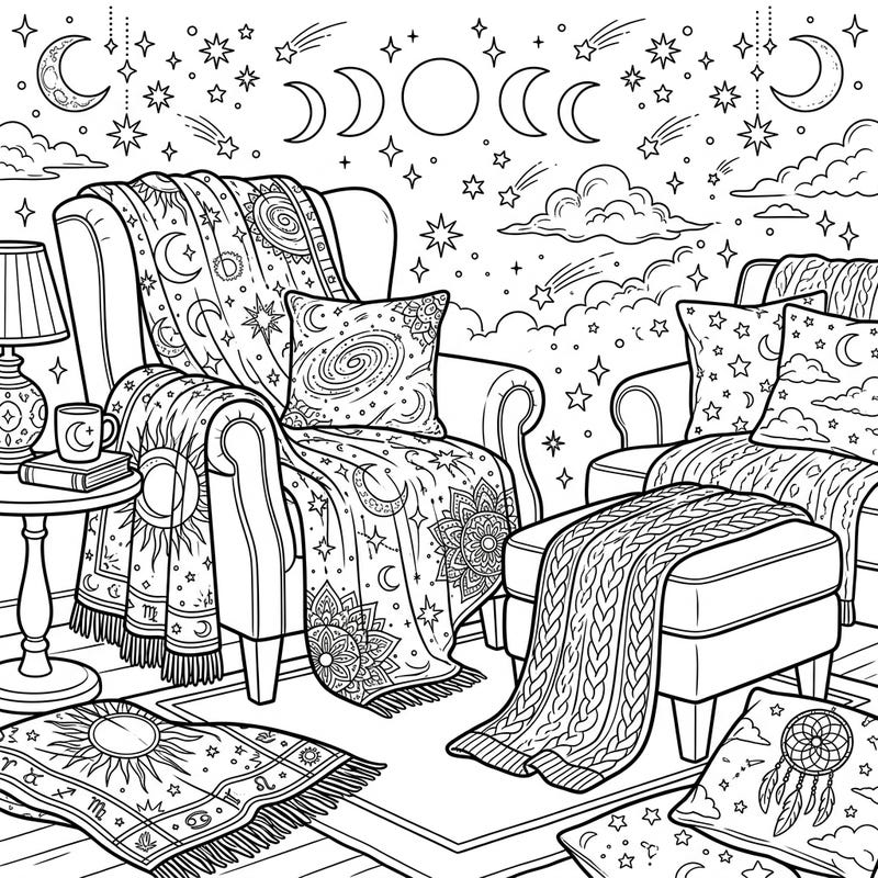 Wrap yourself in comfort with this intricate night-themed coloring page, showcasing cozy throws adorned with celestial wonders. Perfect for teens, it invites you to explore a universe of patterns, from moon phases to swirling galaxies, right in your own tranquil space.