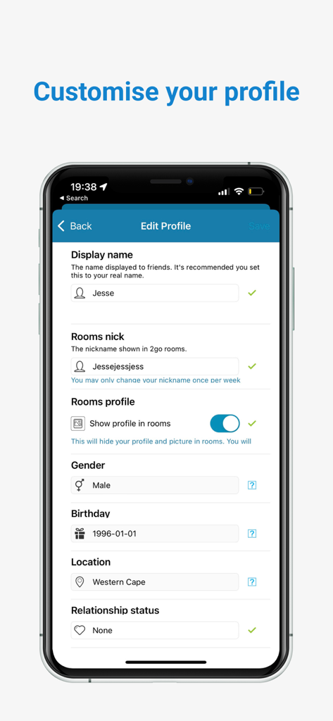 2go Chat - Hangouts, Chatrooms - The user profile customization screen in the 2go Chat mobile application