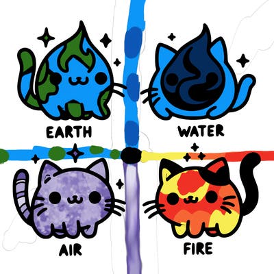 4 cats that represent the different elements, earth, water, air, and fire