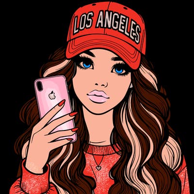 realistic beautiful girl wearing los ángeles cap holding an iphone