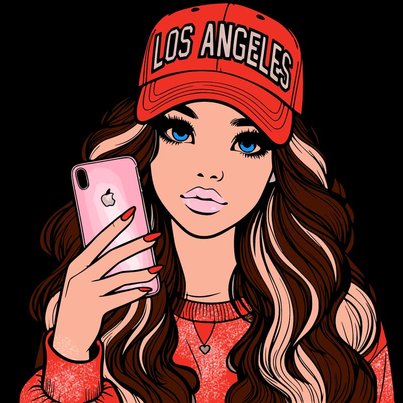 realistic beautiful girl wearing los ángeles cap holding an iphone