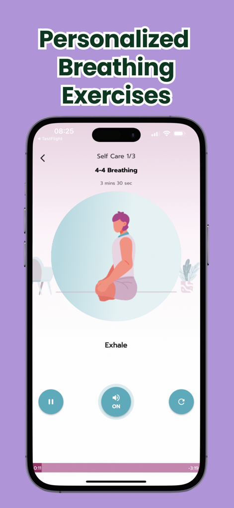Pain-Free Running App - RunZen - RunZen app interface showing personalized breathing exercises and a guided four-four breathing routine for runners