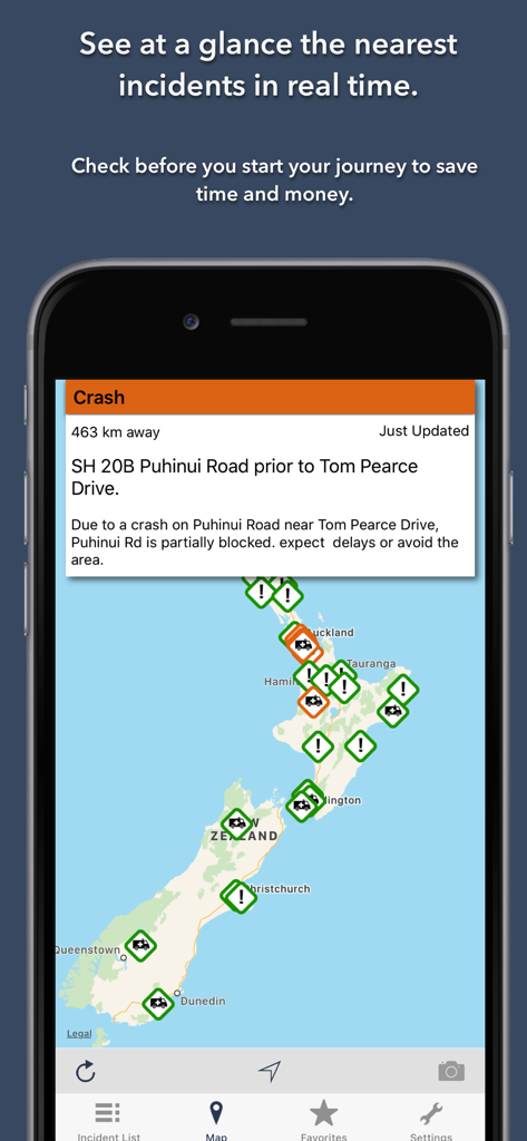 Map view of the NZ Roads Traffic and Cameras app showing real-time traffic incidents and crash details across New Zealand