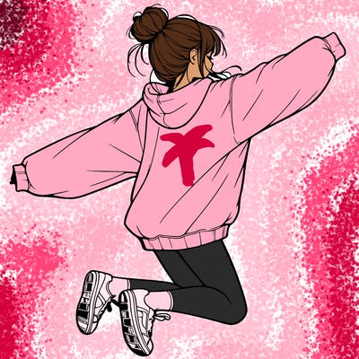 realistic girl jumping with a bun and oversized sweatshirt