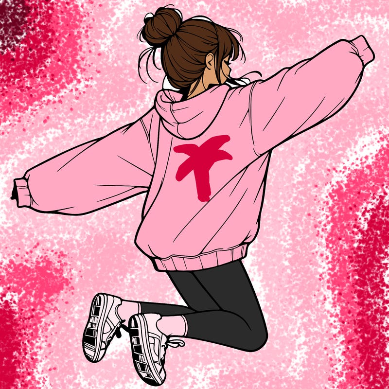 realistic girl jumping with a bun and oversized sweatshirt