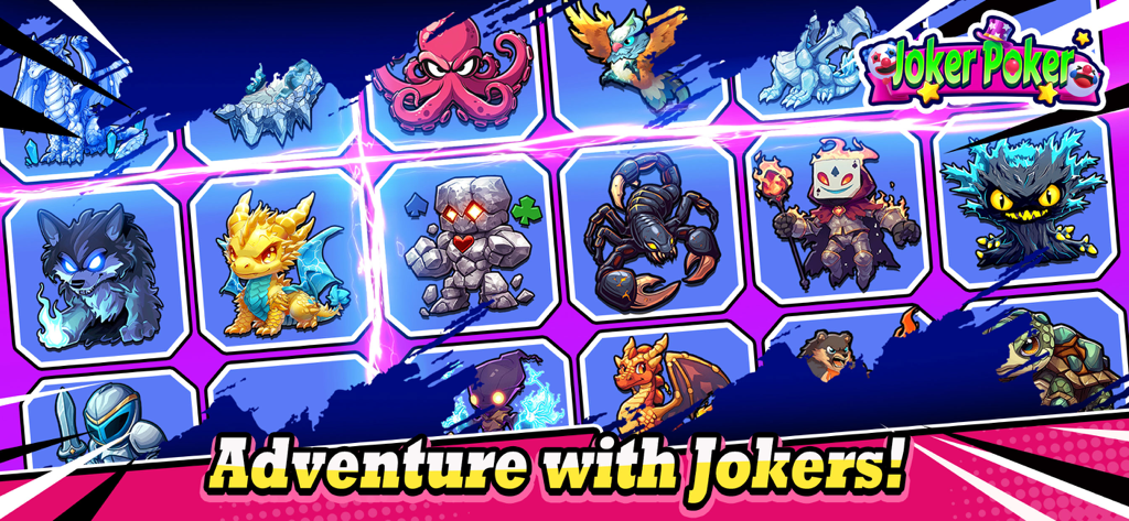 Joker Poker Card Game - Una colección de personajes monstruosos coloridos y peculiares en Joker Poker Card Game con el lema 'Aventura con Jokers'.
