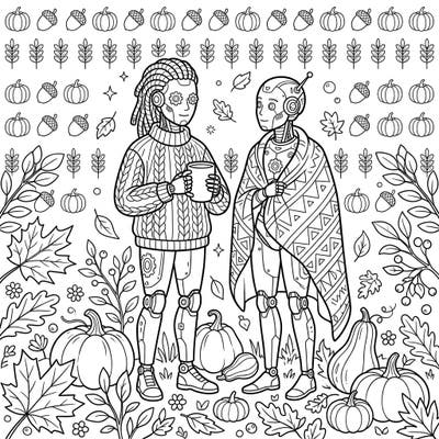 Embrace the fall season with this charming coloring page featuring two friendly androids enjoying an autumn day. Surrounded by pumpkins, leaves, and cozy elements, it's perfect for a relaxing creative session.