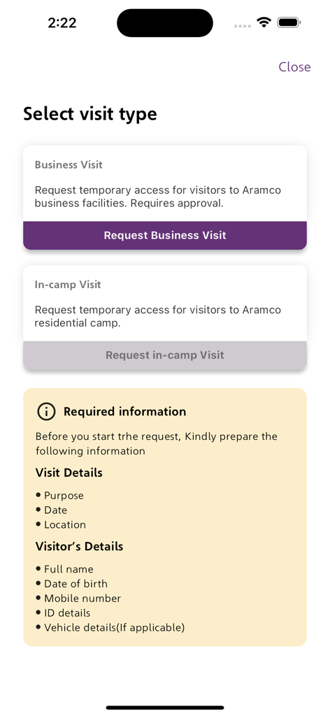 mySecurity SAO - Interface showing visit type selection options and a list of required visitor information for a security request