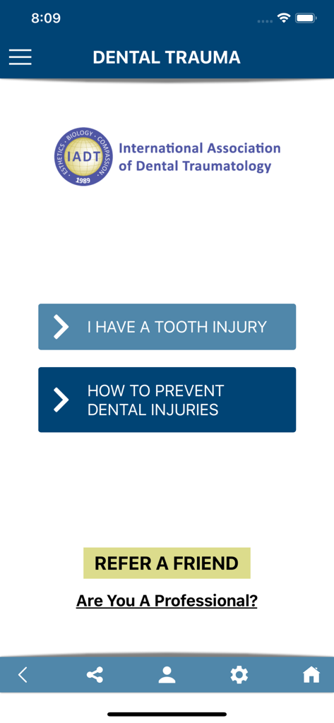 ToothSOS app home screen with dental trauma emergency and prevention guides