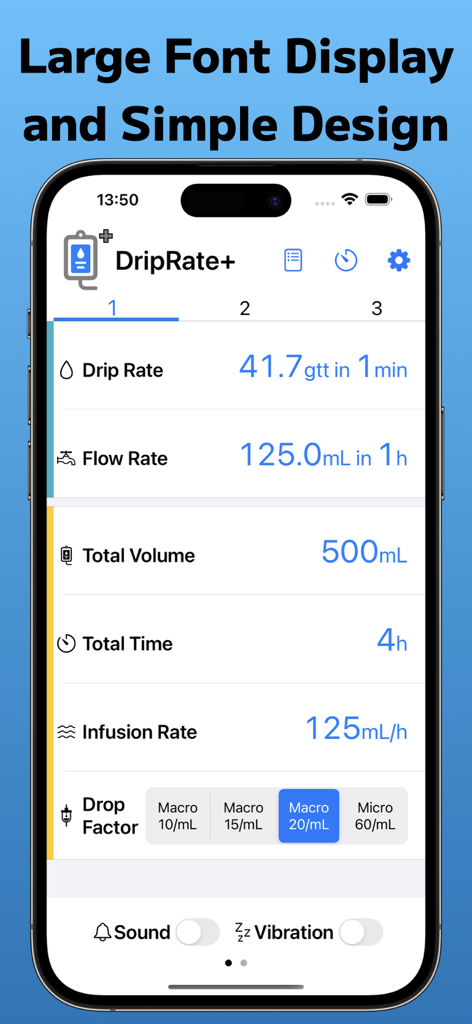 DripRate+ - Interfaz de la aplicación DripRate plus que muestra los resultados del cálculo de infusión IV en fuente grande
