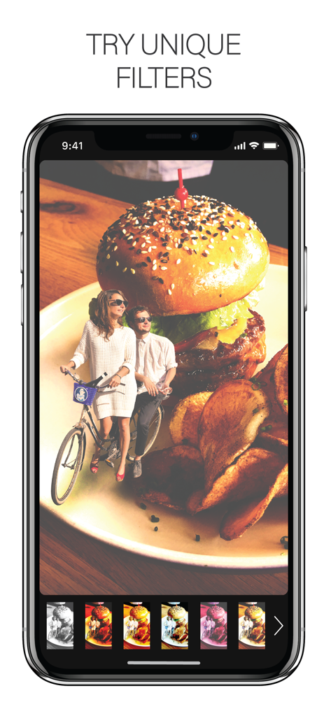 Smartphone screen showing the Cut and Paste Photos app interface with unique filters and a creative photo collage