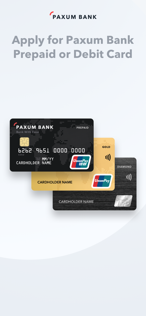 Paxum Bank - Display of Paxum Bank prepaid and debit cards including UnionPay Gold and Diamond versions