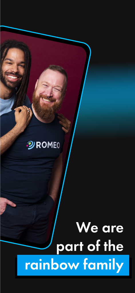 Two smiling men in the ROMEO app representing the rainbow family