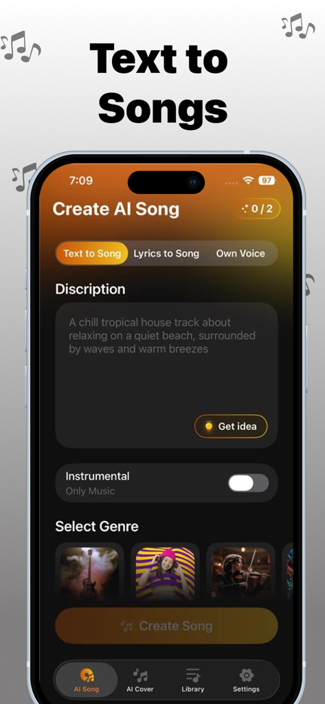 AI Music Generator : AI Songs - Interfaz de la aplicación móvil que muestra la pantalla de creación de texto a canción con selección de género y un botón de crear canción.