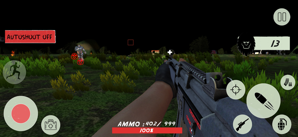 Gorilla Games Giant  Monster - Jugabilidad de disparos en primera persona en Gorilla Games Giant Monster que muestra a un jugador apuntando con un rifle a una bestia en un campo por la noche