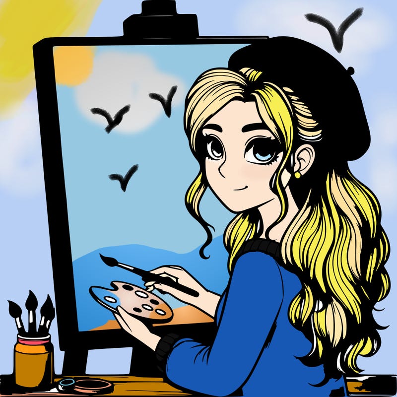 realistic girl artist painting a blank canvas