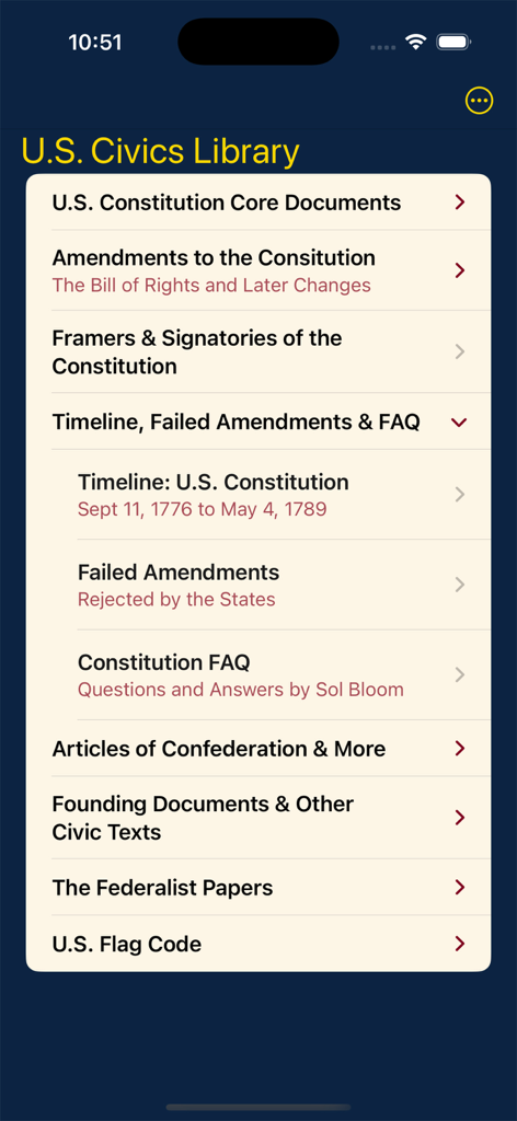 Main menu of the US Civics Library app showing a list of foundational documents including the Constitution and the Federalist Papers