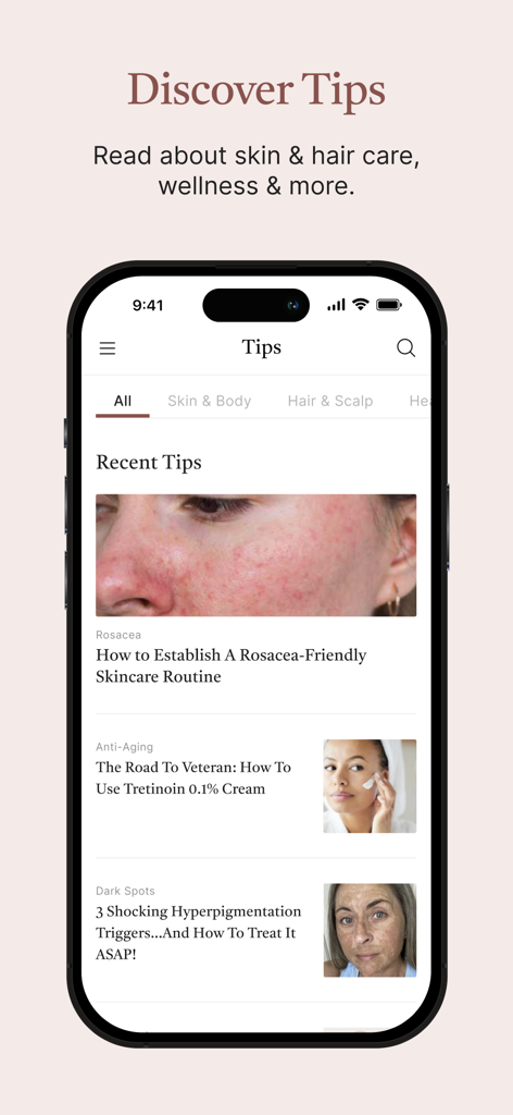 Musely - Tela do aplicativo Musely mostrando a seção Dicas com artigos sobre rosácea e hiperpigmentação