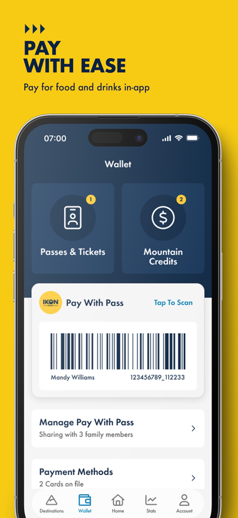 Ikon Pass - The Ikon Pass app wallet screen showing the pay with pass barcode for contactless payments at ski resorts