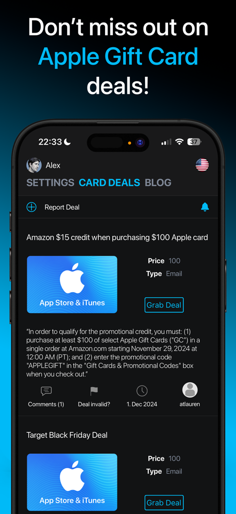 CheapCharts - Movie & TV Deals - Interfaz de la aplicación CheapCharts que muestra ofertas actuales de tarjetas de regalo de Apple y descuentos de minoristas como Amazon y Target