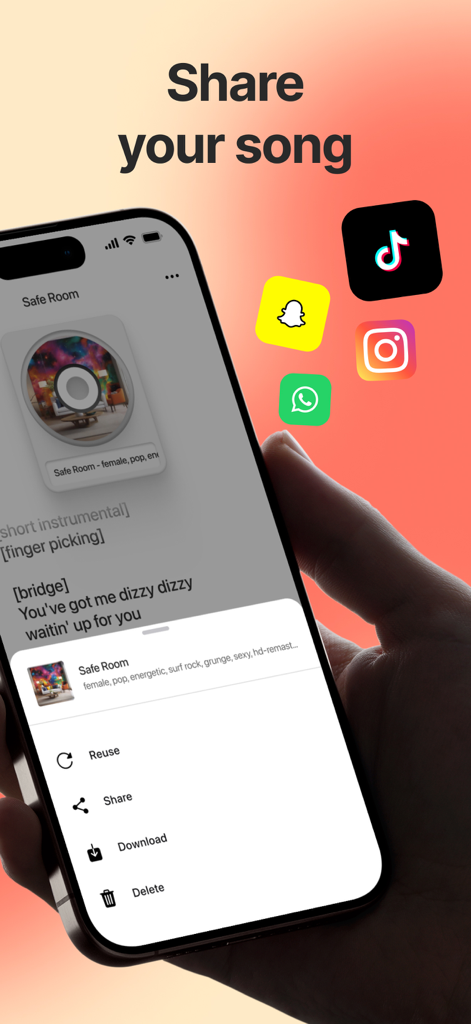 Una mano sosteniendo un iPhone que muestra el menú de compartir de la aplicación SoundBox AI con iconos de redes sociales.
