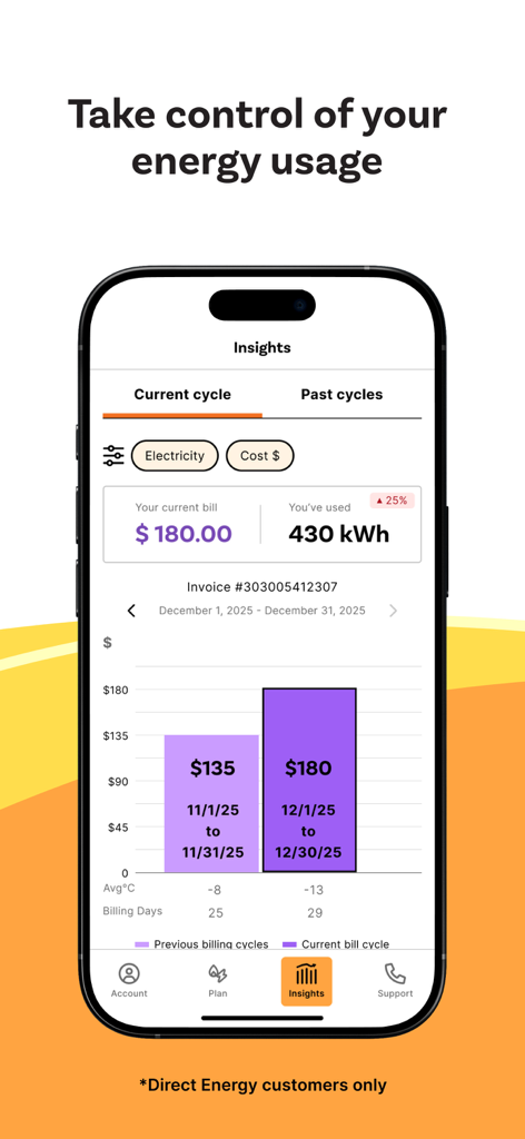 Direct Energy Canada - A smartphone screen displaying the Direct Energy Canada app usage insights with a bar graph comparing monthly electricity costs.
