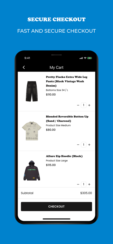 RIPNDIP - A mobile interface for the RIPNDIP app showing a shopping cart with streetwear items and a checkout button.