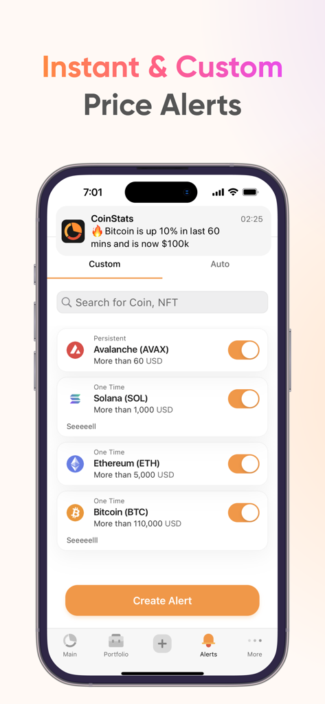 CoinStats: Crypto Portfolio - Pantalla de smartphone mostrando alertas de precio personalizadas de criptomonedas en la aplicación de seguimiento de cartera CoinStats