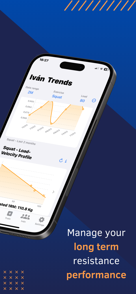 Spleeft - Spleeft app on iPhone displaying strength training performance trends and load-velocity profile for squats.