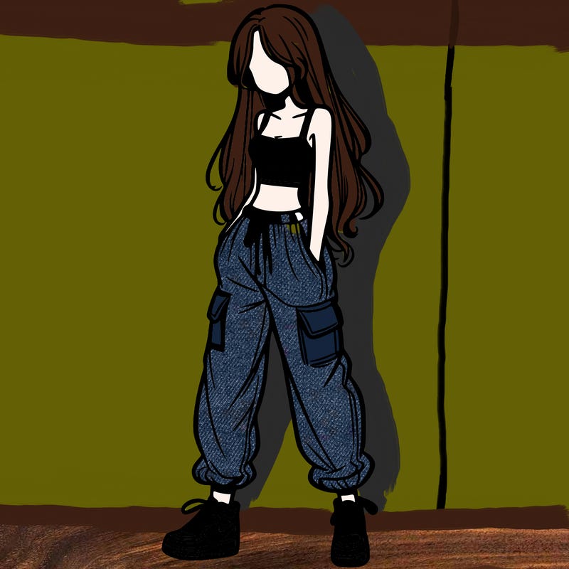 girl in baggy pants crop top and long hair