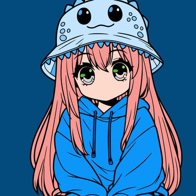 girl with anime shaped eyes with a dinosaur bucket hat oversized sweatshirt long straight hair