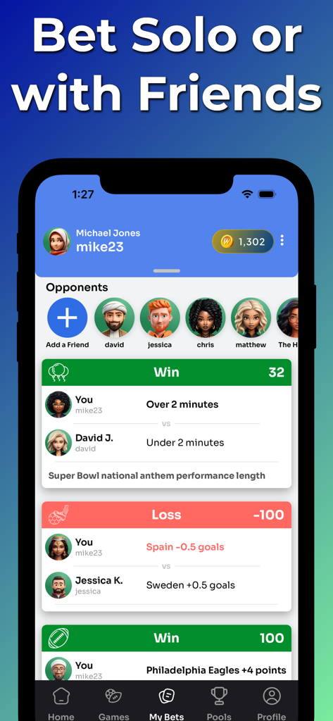 WagerLab - Place & Track Bets - Mobile app interface showing WagerLab social betting history with wins and losses against friends