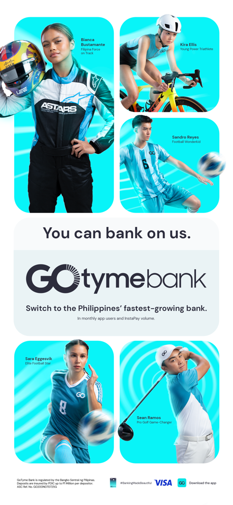 GoTyme Bank - GoTyme Bank promotional banner featuring various Filipino athletes and brand ambassadors