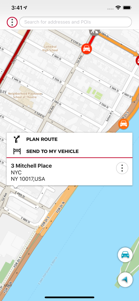 Door to Door Navigation - Interface do aplicativo Nissan Door to Door Navigation com mapa e recurso de envio para o veículo