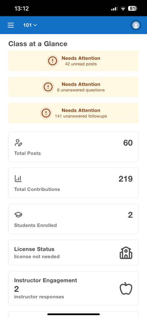Piazza - A dashboard view of the Piazza app showing class statistics and student engagement alerts