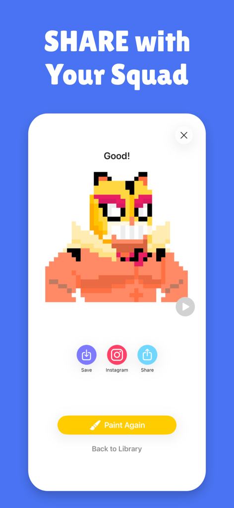PixBrawl for Brawl Stars - A screen showing a completed Brawl Stars pixel art character with options to share to Instagram or save to gallery