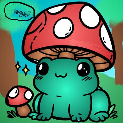 a cute frog with a mushroom hat