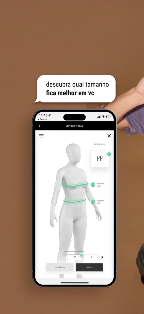 Youcom app virtual fitting room interface with a 3D mannequin and size recommendation