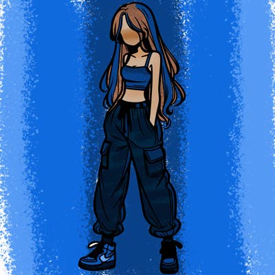 girl in baggy pants crop top and long hair