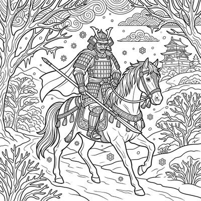 Embrace the beauty of winter and the might of ancient Japan with this exquisite coloring page. A majestic Mounted Samurai traverses a snowy landscape, ready for your artistic touch.
