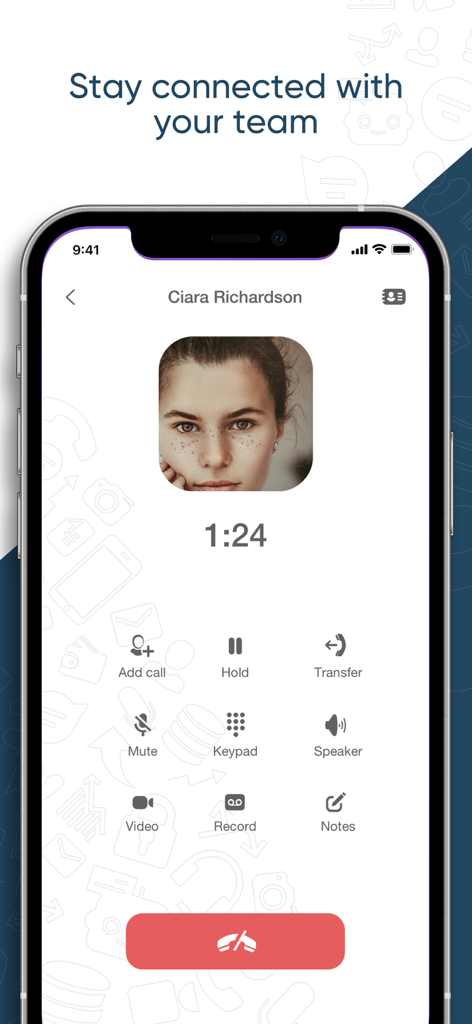 Uptime VoIP - Uptime VoIP Mobile-App-Oberfläche zeigt einen aktiven Anruf mit Funktionen zur Teamkollaboration