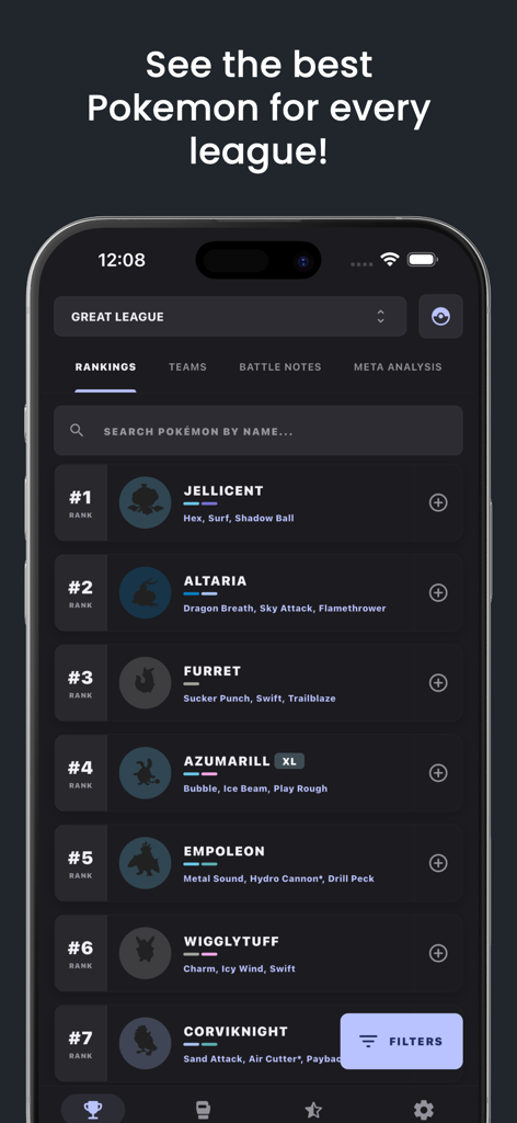 BattleFlow: PoGo PVP Companion - BattleFlow app interface showing top ranked Pokemon and movesets for the Great League