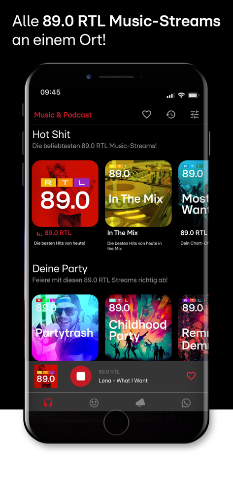 89.0 RTL - Interface of the 89.0 RTL radio app showing different music streams like In The Mix and Partytrash on a smartphone