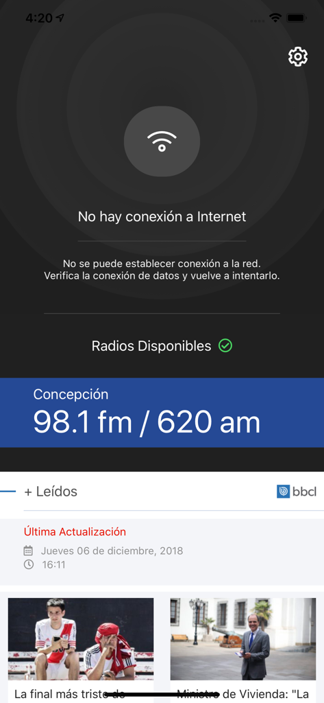 Interfaccia dell'app Radio Bio Bio in modalità offline che mostra le frequenze radio locali e gli articoli di notizie memorizzati nella cache